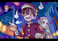 1boy 1girl behind_another blunt_bangs ceiling ceiling_light closed_eyes color_contrast dot_nose facing_ahead flashlight furrowed_brow hanako_(jibaku_shounen_hanako-kun) handprint hands_up hanging_lantern hanoyuta highres holding holding_flashlight indoors jibaku_shounen_hanako-kun lantern letterboxed looking_to_the_side male_focus nervous official_art oil_lamp open_mouth portrait short_bangs sigh silk skeleton smile spider_web sweatdrop u_u will-o&#039;-the-wisp_(mythology) yashiro_nene