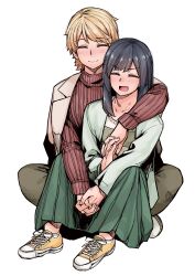 1boy 1girl absurdres akizakura_iori bag black_hair blonde_hair blush closed_eyes couple hetero highres holding_hands ikemen_joshi_to_josou_danshi interlocked_fingers long_hair long_skirt rindou_hazuki shoes short_hair skirt smile sneakers sweater tadd_(tatd)