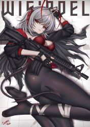 1girl absurdres ahoge antennae arknights artist_name ass assault_rifle black_gloves black_jacket black_leggings black_tail bra breasts caiman_pool character_name demon_girl demon_horns feet fingerless_gloves gloves grey_hair gun hair_intakes highres holding holding_gun holding_weapon horns jacket leggings legs looking_at_viewer m4_carbine medium_breasts no_shoes open_clothes open_jacket orange_eyes red_bra red_horns rifle short_hair soles solo toes torn_clothes torn_jacket underwear w_(arknights) weapon wis&#039;adel_(arknights)