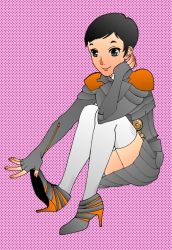 1girl atlus black_hair boots digital_devil_saga high_heel_boots high_heels sera seraphita_angel shin_megami_tensei short_hair skirt tattoo thighhighs