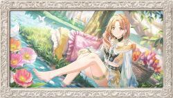 basket brown_eyes brown_hair building feet flower game_cg grass hair_ornament hairclip ichikawa_hinana idolmaster idolmaster_shiny_colors leaf official_art picture_frame pillow see-through_clothes skirt toes tree water