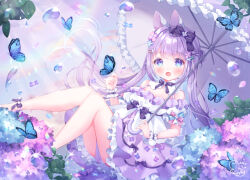 1girl :d animal_ears bare_shoulders black_bow blue_butterfly blue_eyes blue_flower blush bow breasts bug butterfly cleavage commentary_request dated dress feet_out_of_frame flower frilled_umbrella frilled_wrist_cuffs frills glint grey_umbrella hair_bow hair_flower hair_ornament highres holding holding_umbrella hydrangea insect long_hair looking_at_viewer nape_braid off-shoulder_shirt off_shoulder omochi_monaka open_mouth original parasol pink_flower puffy_short_sleeves puffy_sleeves purple_dress purple_flower purple_hair rabbit_ears rabbit_girl shirt shirt_over_dress short_sleeves signature smile solo umbrella very_long_hair water_drop wrist_cuffs