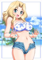 1girl :d bandeau beach bikini blonde_hair blue_eyes blue_shorts breasts censored cloud cloudy_sky commentary_request covered_erect_nipples cowboy_shot cutoffs day denim denim_shorts female_pubic_hair girls_und_panzer highleg highleg_bikini kay_(girls_und_panzer) large_breasts large_variant_set mosaic_censoring navel no_panties open_clothes open_fly open_mouth open_shorts outdoors palms pubic_hair pubic_hair_peek pussy shiny_skin short_shorts shorts sky smile solo stomach strap_gap strap_pull swimsuit tanuki_yousuke variant_set