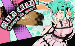 1girl :q absurdres all-out_attack braided_twintails club_(shape) colorful_background commentary dress english_commentary english_text green_hair hair_ribbon heart highres jellyfish litecolors_radi love_live! love_live!_superstar!! one_eye_closed onitsuka_tomari parody persona persona_5 pink_dress red_eyes ribbon smile solo spade_(shape) tongue tongue_out twintails