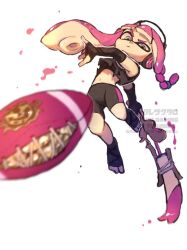 1girl 39_uxue bike_shorts black_shorts braid clam_blitz closed_mouth commentary_request grey_eyes headphones ink inkling inkling_girl inkling_player_character long_hair navel nintendo octobrush_(splatoon) paint pink_hair shorts single_braid splatoon_(series) splatoon_3 tentacle_hair watermark white_background