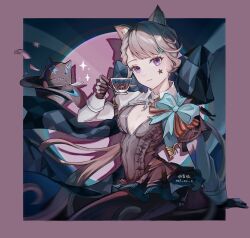 1girl absurdres animal_ear_fluff animal_ears artist_name black_gloves black_leotard border bow breasts cat_ears cat_girl cleavage commentary_request cup expressionless facial_mark genshin_impact gloves grey_hair hair_bow hat highres holding holding_cup huge_bow leotard long_hair long_sleeves looking_at_viewer lynette_(genshin_impact) nai_xx_x outside_border purple_border purple_eyes solo sparkle spoon star_(symbol) star_facial_mark teacup two-tone_gloves