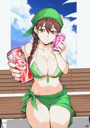 1girl bandana bare_shoulders bench bikini blue_sky border braid breasts brown_eyes brown_hair can can_to_cheek cleavage closed_mouth cloud commission day delux_drawings drink_can dripping earrings front-tie_bikini_top front-tie_top green_bandana green_bikini hair_between_eyes hairband highres holding holding_can jewelry large_breasts ling_shen_hua looking_at_viewer midriff multicolored_bikini navel outdoors outstretched_arm red_hairband sarong shenmue shenmue_the_animation signature sitting sky smile soda soda_can solo sparkle swimsuit thighs twin_braids two-tone_bikini white_border wooden_bench