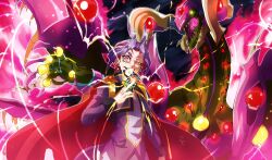 1boy absurdres cape card dragon forehead_jewel green_eyes half-closed_eye highres holding holding_card jacket joeri_(yu-gi-oh!) male_focus purple_eyes purple_hair purple_jacket red_cape sharp_teeth slit_pupils smirk starving_venom_fusion_dragon super_polymerization teeth trading_card upper_body vincent_graphic_art yu-gi-oh! yu-gi-oh!_arc-v