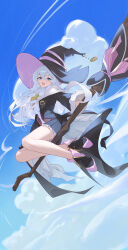 1girl :d absurdres black_boots black_hat black_robe black_skirt blue_eyes blue_sky blush boots broom broom_riding commentary_request elaina_(majo_no_tabitabi) floating_hair flying fold-over_boots frilled_skirt frills full_body grey_hair hair_between_eyes hat highres large_hat long_hair long_sleeves looking_at_viewer majo_no_tabitabi miniskirt open_clothes open_mouth open_robe pleated_skirt robe shirt sidesaddle sitting skirt sky smile solo sukaliya white_shirt witch witch_hat