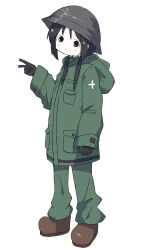 1girl black_eyes black_gloves black_hair black_helmet blush brown_shoes chito_(shoujo_shuumatsu_ryokou) combat_helmet gloves green_jacket green_pants helmet hood hooded_jacket jacket long_sleeves looking_at_viewer military military_jacket military_uniform nukegara_(pixiv_46266320) pants shoes short_hair shoujo_shuumatsu_ryokou sidelocks standing v white_background