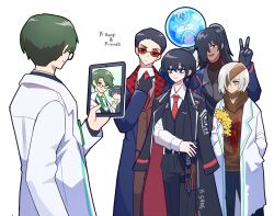 absurdres aseah_(project_moon) bag black_coat black_gloves black_hair black_pants black_suit black_vest blue_coat brain brown_vest bug butterfly coat collared_shirt dagger dongbaek_(project_moon) dongrang_(project_moon) eyewear_on_head formal_clothes glasses gloves golden_bough_(limbus_company) gredell_elle green_eyes green_hair gubo_(project_moon) hair_over_one_eye high_ponytail highres hourglass insect jacket knife lab_coat limbus_company long_hair necktie pants ponytail project_moon red_necktie rim_(project_moon) samjo_(project_moon) satchel shirt short_hair simple_background suit suit_jacket tablet_pc vest weapon white_background white_hair white_shirt yi_sang_(project_moon)