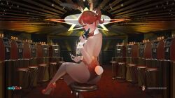 1girl absurdres animal_ears casino gambling guest_art gun handgun high_heels highres leotard nixie_tube original patent_heels playboy_bunny polilla ponytail pumps rabbit_ears rabbit_tail red_eyes red_hair revolver russian_roulette shoes snubnosed_revolver solo stiletto_heels tail valerie_konstanz we_love_cold_war weapon