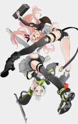 2girls :o anby_demara ankle_boots black_boots black_shorts black_skirt black_thighhighs blonde_hair boots breasts briefcase crop_top detached_sleeves green_eyes grey_background highres holding holding_briefcase holding_sword holding_weapon large_breasts looking_at_viewer multiple_girls nicole_demara niihatigounana pink_hair pleated_skirt shirt short_shorts shorts simple_background single_thighhigh skirt sword thighhighs torn_clothes torn_thighhighs two_side_up weapon white_hair white_shirt zenless_zone_zero