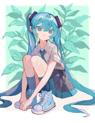 Rule 34 | 1girl, black skirt, blue eyes, blue hair, blue shoes, closed mouth, collared shirt, hair ornament, hatsune miku, highres, long hair, looking to the side, miniskirt, own hands together, plant, pleated skirt, s1ho (ukiy0u0), shirt, shoes, short sleeves, skirt, sneakers, socks, solo, squatting, twintails, very long hair, vocaloid, white shirt