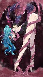 1girl absurdres anal aqua_hair arms_behind_back barefoot bound bound_arms bound_legs bound_torso breasts crying crying_with_eyes_open double_penetration happa_freee hatsune_miku highres long_hair monster mouth_insertion rape restrained scared sex suggestive_fluid suspension tears tentacle_around_neck tentacle_in_mouth tentacle_sex tentacles top-down_bottom-up triple_penetration twintails vaginal very_long_hair vocaloid