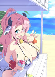 1girl :d absurdres animal_ear_fluff animal_ears animal_print areola_slip bare_arms bare_shoulders beach bikini black_hairband black_horns blue_eyes blue_sky blurry blurry_background breasts choker cleavage cloud cow_ears cow_girl cow_horns cow_print cow_print_bikini cow_tail cowbell cowboy_shot day drinking_straw flower food food_stand from_side hair_intakes hair_over_one_eye hairband halterneck hand_up high_ponytail highres holding holding_food horizon horns huge_breasts lips long_hair looking_at_viewer looking_to_the_side mole mole_on_breast neck_bell o-ring o-ring_bikini o-ring_top ocean open_mouth orange_flower original outdoors parted_bangs pink_hair ponytail print_bikini red_flower sakamata_(sakamata4) shaved_ice side-tie_bikini_bottom sidelocks sky smile solo standing strap_gap string_bikini sunlight swimsuit tail tail_raised waving wavy_hair wrist_flower