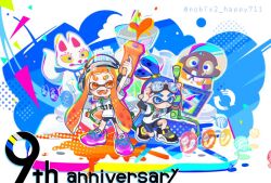 Rule 34 | 1boy, 1girl, anniversary, arm up, artist name, bike shorts, black shorts, blue eyes, blue hair, burst bomb (splatoon), carrying, carrying under arm, chibi, chibi only, closed mouth, clothes writing, colored tongue, commentary request, fangs, full body, game console, goggles, goggles on head, hair ornament, hair scrunchie, halftone, headphones, holding, holding weapon, in-universe location, ink tank (splatoon), inkling, inkling (language), inkling boy, inkling girl, inkling player character, layered sleeves, long hair, long sleeves, nintendo, nobix2 happy711, open mouth, orange eyes, orange hair, orange tongue, pink shoes, purple footwear, scrunchie, shirt, shoes, short over long sleeves, short sleeves, shorts, sneakers, splat bomb (splatoon), splat roller (splatoon), splatoon (series), splatoon 1, splattershot jr. (splatoon), tentacle hair, thick eyebrows, topknot, twintails, weapon, white shirt, wii u, wii u gamepad