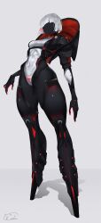 1girl abs absurdres belt black_skin bodysuit breasts colored_skin covered_navel echanis_enicha highres jacket mechanical_legs medium_breasts no_eyes no_mouth original short_hair white_background