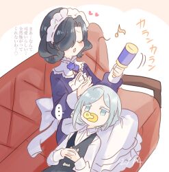 ... 2girls adult_baby apron black_hair black_vest closed_eyes collared_shirt dated dress eighth_note foot_on_couch from_above grey_hair hair_bun hair_over_one_eye hands_on_own_stomach headpat heart highres holding holding_instrument holding_maracas instrument lap_pillow life_neko72 lying_on_lap maid maid_headdress maracas multiple_girls music musical_note one_eye_covered open_mouth pacifier purple_dress reverse:1999 shirt short_hair singing single_side_bun sitting speech_bubble spoken_ellipsis translation_request tuesday_(reverse:1999) vertin_(reverse:1999) vest white_apron white_shirt