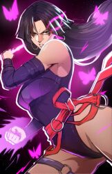 1girl black_hair breasts earrings elbow_gloves gloves highleg highleg_leotard highres holding holding_sword holding_weapon jewelry large_breasts leotard long_hair looking_at_viewer marvel marvel_rivals psylocke psylocke_(vengeance) purple_eyes purple_leotard sash solo superhero_costume sword thatamaan thighhighs weapon x-men
