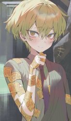 1boy blonde_hair blush collared_shirt e.g.o_(project_moon) grey_shirt highres limbus_company looking_at_viewer male_focus maratang necktie ofuda ofuda_on_arm ofuda_on_clothes pinstripe_coat project_moon red_necktie red_sheet_(e.g.o) shirt short_hair short_sleeves sinclair_(project_moon) single_sleeve smile talisman technology_liberation_alliance_(identity)_(project_moon) upper_body yellow_eyes