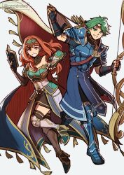 1boy 1girl alm_(fire_emblem) alm_(powerful_resolve)_(fire_emblem) armor armored_boots arrow_(projectile) black_skirt black_thighhighs blue_armor blue_dress book boots bow_(weapon) breastplate breasts buckler cape celica_(fire_emblem) celica_(valentia&#039;s_hope)_(fire_emblem) choker couple dress earrings fingerless_gloves fire_emblem fire_emblem_echoes:_shadows_of_valentia fire_emblem_heroes gauntlets gloves green_armor green_eyes green_hair gzei hetero highres holding holding_book holding_bow_(weapon) holding_weapon jewelry long_hair medium_breasts nintendo official_alternate_costume orange_eyes orange_hair prince princess quiver red_eyes red_hair shield short_hair skirt smile thighhighs tiara weapon white_dress