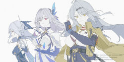 3girls black_gloves black_shorts blue_dress breasts company_connection crossover dress elbow_gloves fingerless_gloves flat_color floating_hair genshin_impact gloves grey_hair hair_ornament hairclip high-waist_shorts highres honkai:_star_rail honkai_(series) jacket jingliu_(honkai:_star_rail) kuji-in large_breasts long_hair looking_at_viewer medium_breasts mihoyo multiple_girls noi_(nuoyawupengchuan) purple_hands red_eyes shorts simple_background skirk_(genshin_impact) smile upper_body white_background white_dress yellow_jacket yixuan_(zenless_zone_zero) zenless_zone_zero