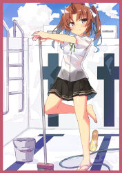 1girl beritabo black_skirt blue_sky bra bra_visible_through_clothes brown_hair bucket cleaning_brush cloud collared_shirt day dress_shirt empty_pool full_body hair_ribbon highres hose kagerou_(kancolle) kagerou_kai_ni_(kancolle) kantai_collection long_hair outdoors pool pool_ladder purple_eyes ribbon sandals see-through_clothes see-through_shirt shirt single_sandal skirt sky smile solo starting_block twintails underwear unworn_sandals white_bra white_ribbon white_shirt