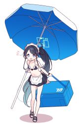 1girl alternate_costume aqua_halo aris_(blue_archive) bare_shoulders bikini black_hair black_sandals blue_archive blue_eyes blue_umbrella box collarbone commentary_request full_body halo halterneck highres holding holding_box holding_umbrella long_hair looking_at_viewer maid maid_bikini maid_headdress navel notice_lines open_mouth rectangular_halo sandals simple_background solo standing swimsuit umbrella unconventional_maid very_long_hair white_background yoru_nai