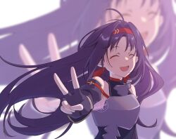 1girl armor bare_shoulders black_gloves breastplate closed_eyes commentary_request facing_viewer fingerless_gloves gloves hair_intakes hairband highres long_hair luyue open_mouth purple_hair red_hairband signature solo sword_art_online upper_body v white_background yuuki_(sao) zoom_layer