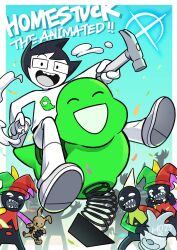 1boy absurdres black_hair blue_background commentary copyright_name english_text glasses hammer highres homestuck hone_(honesk1) john_egbert open_mouth rectangular_eyewear shaving_cream shirt shoes short_hair shorts smile white_shirt white_shoes