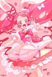 1girl animal_ears blush boots cure_whip dress food frilled_dress frilled_skirt frilled_sleeves frills fruit gloves hair_ornament highres holding holding_food holding_fruit kirakira_precure_a_la_mode lace lace_trim long_hair looking_at_viewer open_mouth parted_bangs pink_background pink_boots pink_dress pink_eyes pink_hair precure rabbit_ears ribbon short_sleeves signature skirt solo solo_focus strawberry strawberrylove2525 twintails upper_body usami_ichika very_long_hair white_gloves