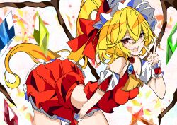 1girl absurdres alternate_costume ascot blonde_hair breasts cowboy_shot crystal crystal_wings flandre_scarlet hair_between_eyes hat hat_ribbon highres leaning_forward long_hair looking_at_viewer midriff mob_cap open_mouth puffy_short_sleeves puffy_sleeves red_eyes red_skirt red_vest ribbon shirt short_hair short_sleeves side_ponytail skirt smile solo touhou unanooo_(fthx7532) v vest wings wrist_cuffs yellow_ascot