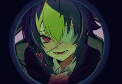 1boy black_hair black_jacket collared_shirt cya88a doorway eyepatch fisheye furrowed_brow green_hair heart highres inami_rai jacket male_focus medical_eyepatch monitoring_(vocaloid) multicolored_hair nijisanji open_mouth pov_doorway red_eyes shirt shirt_tug short_hair smile solo sweatdrop two-tone_hair virtual_youtuber white_shirt