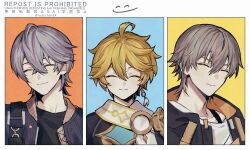 3boys ^_^ aether_(genshin_impact) ahoge black_shirt blonde_hair caelus_(honkai:_star_rail) closed_eyes earrings genshin_impact grey_hair hair_between_eyes honkai:_star_rail honkai_(series) jacket jewelry male_focus mihoyo multiple_boys nutschan24 open_clothes open_jacket scarf shirt single_earring smile trailblazer_(honkai:_star_rail) upper_body white_scarf white_shirt wise_(zenless_zone_zero) zenless_zone_zero
