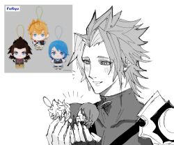 1girl 2boys aqua_(kingdom_hearts) armor arms_up blush_stickers character_doll chibi closed_eyes commentary_request doll fingerless_gloves gloves greyscale grin hair_intakes hands_up happy highres holding holding_chibi holding_doll kingdom_hearts kingdom_hearts_birth_by_sleep light_blush looking_down male_focus monochrome mtr_dayoo multiple_boys notice_lines open_mouth pauldrons photo_inset shirt short_hair shoulder_armor shoulder_strap single_fingerless_glove single_pauldron smile spiked_hair terra_(kingdom_hearts) tight_clothes tight_shirt turtleneck turtleneck_shirt ventus_(kingdom_hearts) white_background