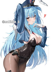 1girl absurdres azur_lane belt_pouch black_leotard black_pantyhose blue_hair blue_hat blush breasts cleavage covered_navel gloves gun handgun hat heart highres holding holding_gun holding_weapon jacket large_breasts leotard long_eyelashes looking_at_viewer makihige neptune_(azur_lane) open_clothes open_jacket pantyhose peaked_cap pouch sidelocks sleeve_cuffs solo tongue tongue_out watermark weapon weapon_request white_background white_gloves yellow_eyes