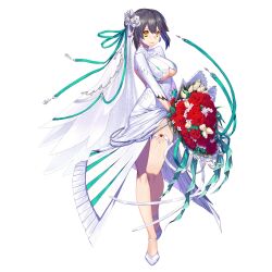 1girl artist_request beads black_hair bob_cut bouquet breasts bridal_veil clothing_cutout collar dress earrings final_gear flower full_body hair_between_eyes highres holding holding_bouquet jewelry kristina_(final_gear) long_sleeves looking_at_viewer no_socks official_art pleated_dress red_flower red_rose rose shoe_strap sidelocks simple_background three-quarter_sleeves smile solo tachi-e thigh_strap third-party_source transparent_background tulip underboob underboob_cutout veil wedding_dress white_collar white_dress white_flower white_footwear white_rose white_sleeves white_tulip white_veil yellow_eyes