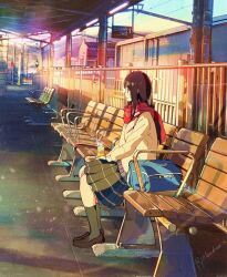 Rule 34 | 1girl, bag, bench, black socks, brown footwear, brown hair, building, can, cardigan, commentary request, day, from side, highres, holding, holding can, lamppost, long hair, original, outdoors, overhead line, plaid clothes, plaid skirt, power lines, railroad signal, red scarf, ryowelcome1, scarf, school bag, sign, sitting, skirt, socks, train station, train station platform, yellow cardigan
