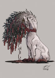 1other blood colored_skin commentary_request cow dripping extra_arms extra_eyes full_body grey_background hand_on_own_head highres hooves horizontal_pupils itinogi monster original plant pool_of_blood puddle ribs ripples simple_background sitting solo tanabata tanzaku white_skin yellow_eyes zalgo_commentary
