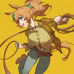 1girl absurdres animal_ears blue_eyes breasts brown_hair hair_between_eyes hair_ornament highres horse_ears horse_girl horse_tail kisaragi_shokuin large_breasts long_hair open_mouth ponytail solo star_(symbol) star_hair_ornament taiki_shuttle_(umamusume) tail umamusume