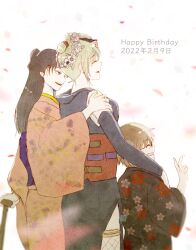 1boy 2girls black_hair black_kimono blonde_hair blue_sleeves brown_hair cane closed_eyes dated detached_sleeves fishnet_thighhighs fishnets floral_print gintama grin hair_ornament hand_on_another&#039;s_shoulder happy_birthday highres hinowa_(gintama) holding holding_cane japanese_clothes kimono long_hair long_sleeves mo_mo_rice multiple_girls open_mouth pink_kimono print_kimono red_sash sash seita_(gintama) short_hair sleeveless sleeveless_kimono smile standing thighhighs tsukuyo_(gintama) v white_background wide_sleeves