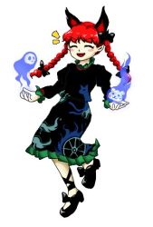 1girl amaho_yarou animal_ears black_bow black_dress black_footwear black_ribbon blue_fire blush bow braid cat_ears closed_eyes dress extra_ears fire flaming_skull floating_skull ghost green_dress hitodama holding holding_skull kaenbyou_rin leg_ribbon multiple_tails open_mouth otter pointy_ears puffy_sleeves red_eyes red_hair ribbon simple_background skull smile sparkle tail touhou twin_braids two_tails wheel whiskers white_background zun_(style)