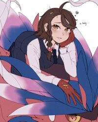 1girl aged_up ahoge black_necktie black_pants black_vest blue_feathers braid breasts brown_eyes brown_hair collared_shirt colored_sclera english_text feathers formal_clothes full_body furrowed_brow gloves hand_on_own_cheek hand_on_own_chin hand_on_own_face head_on_hand head_rest juliana_(pokemon) koraidon leaf leaf_on_head long_sleeves looking_at_viewer loose_hair_strand multicolored_feathers necktie nintendo orange_eyes pants parted_lips pink_feathers pokemon pokemon_(creature) pokemon_sv print_gloves red_gloves red_scales riding riding_pokemon shirt short_hair side_braid single_braid smile solo_focus squiggle symoca tears vest white_feathers white_shirt yellow_sclera