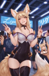 1girl ahoge ahri_(league_of_legends) animal_ear_fluff animal_ear_piercing animal_ears artist_name black_choker black_thighhighs blonde_hair blurry blurry_background bracelet breasts brown_eyes cellphone cellphone_photo choker commentary cowboy_shot double_v earrings english_commentary facial_mark fox_ears fox_girl fox_tail gluteal_fold grin heart heart_earrings highres holding holding_phone indoors jewelry k/da_(league_of_legends) k/da_ahri league_of_legends long_hair long_tail looking_at_viewer medium_breasts people personal_ami phone pov pov_hands smartphone smile solo_focus standing tail thighhighs v whisker_markings