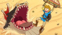 1boy absurdres blonde_hair blue_tunic boots brown_boots brown_pants day desert highres link molduga nintendo open_mouth outdoors pants paraglider pointy_ears sand sharp_teeth teeth the_legend_of_zelda the_legend_of_zelda:_breath_of_the_wild tunic vinny_(dingitydingus)