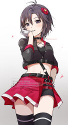 1girl antenna_hair belt belt_collar black_belt black_collar black_eyes black_hair black_thighhighs blush collar cowboy_shot cropped_jacket flower gloves hair_flower hair_ornament hand_on_own_hip hand_up highres idolmaster idolmaster_(classic) idolmaster_million_live! idolmaster_million_live!_theater_days kikuchi_makoto looking_at_viewer midriff mogskg navel official_alternate_costume pleated_skirt red_flower red_skirt short_hair skirt solo thighhighs twitter_username watermark white_background white_gloves