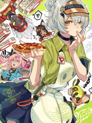 1boy 3girls :3 absurdres alternate_costume anby_demara anby_demara_(operation_yum_2025) animal_ear_fluff animal_ears apron billy_kid black_choker black_hair black_skirt blue_nails blue_shirt blush box can cat_ears cat_girl choker dark-skinned_female dark_skin drink_can eating finger_in_own_mouth food green_eyes green_shirt grey_hair hair_ornament hairpin heart highres holding holding_box holding_food holding_pizza lightning_bolt lightning_bolt_hair_ornament lightning_bolt_symbol looking_at_viewer medium_hair misoshiru_umai4 multicolored_nails multiple_girls nail_polish nekomiya_mana nicole_demara official_alternate_costume pink_hair pink_nails pizza pizza_box pizza_slice red_eyes red_shirt shirt skirt soda_can spoken_heart white_apron yellow_eyes zenless_zone_zero