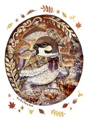 absurdres acorn acrylic_gouache_(medium) acrylic_paint_(medium) animal animal_focus autumn autumn_leaves bird bow bowtie brown_eyes brown_headwear brown_theme closed_mouth clothed_animal commentary commentary_request cup english_commentary eurasian_tree_sparrow fly_agaric full_body glass_plate glass_teacup glass_teapot gouache_(medium) highres kettle leaf looking_to_the_side mushroom no_humans original painting_(medium) plaid red_bow red_bowtie smile solo sparrow standing susutouka tea teacup teapot traditional_media