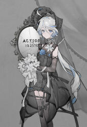 1girl absurdres ahoge ajirui alternate_costume bare_shoulders black_bow black_dress black_gloves black_thighhighs black_veil blue_eyes blue_flower blue_hair blue_rose bonnet bouquet bow broken_mirror chinese_commentary commentary_request curtains dress elbow_gloves feet_out_of_frame flower frilled_dress frills furina_(genshin_impact) genshin_impact gloves gothic_lolita grey_background grey_hair hair_between_eyes highres holding holding_bouquet lolita_fashion long_hair looking_at_viewer mirror multicolored_hair rose solo standing streaked_hair thighhighs veil white_lily